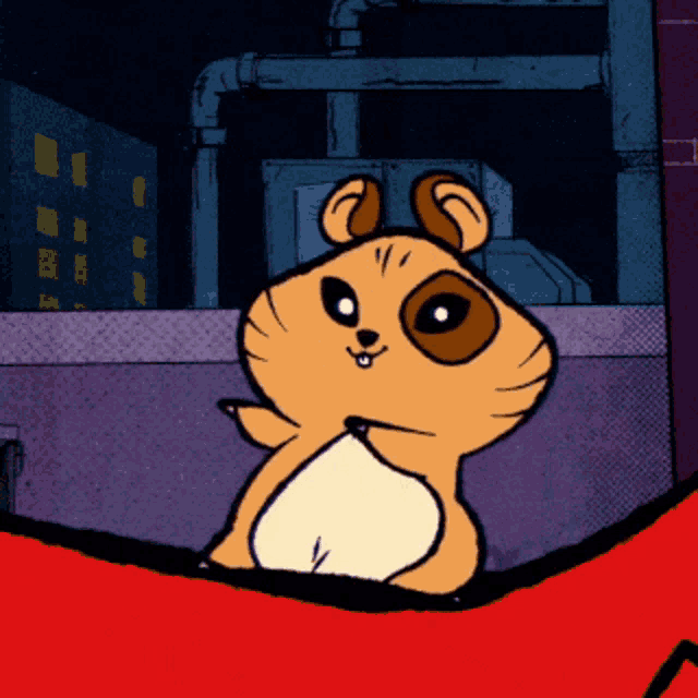 a cartoon of a hamster sitting on a red blanket