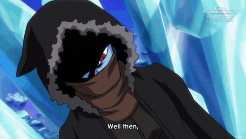 a cartoon character with a hood and the words well then on the bottom