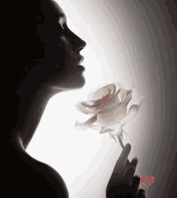 a woman is holding a white rose in her hand in a dark room .