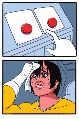 a cartoon of a person pressing two red buttons with a towel on their forehead .