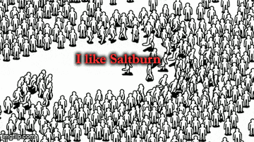 a drawing of a crowd of people with the words " i like saltburn " in red