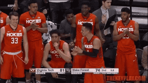 a group of basketball players wearing red jerseys that say hokies