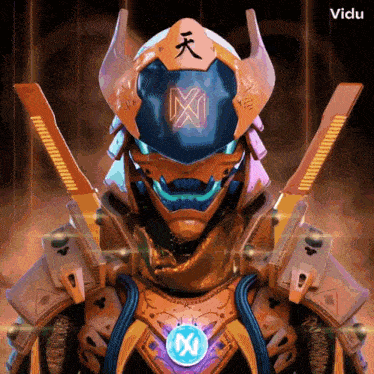 a futuristic robot with a helmet that has a chinese symbol on it