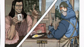 a cartoon of a man sitting at a table with a cup of coffee and another man cooking eggs .