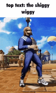 a man in a blue suit is walking on a sidewalk with the caption top text : the shiggy wiggy