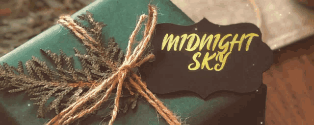 a gift wrapped in green paper with a label that says midnight sky