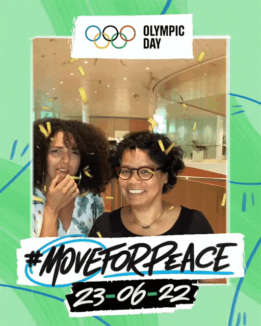 a poster for olympic day shows two women in a photo booth