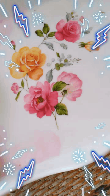 a white plate with pink and yellow roses and lightning bolts around it