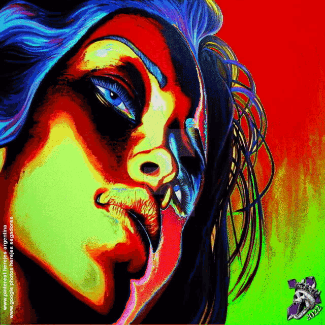 a colorful painting of a woman 's face with the year 2002