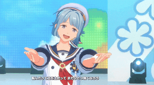 a girl in a sailor outfit is standing in front of a blue background with flowers
