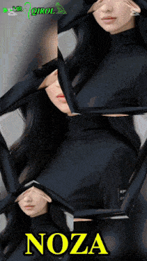 a woman in a black turtleneck with the word noza in yellow