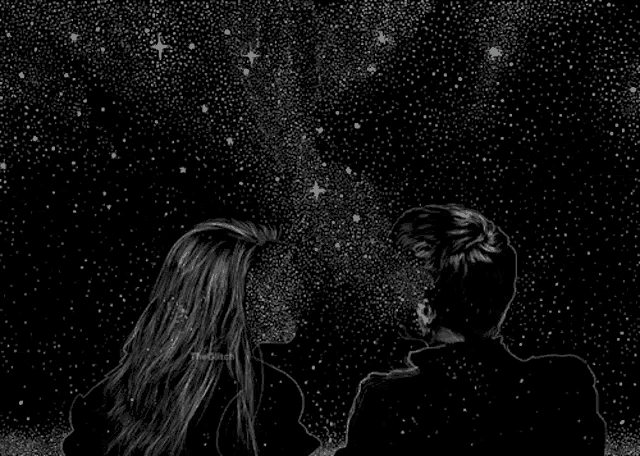 a black and white drawing of a man and woman looking up at the stars .