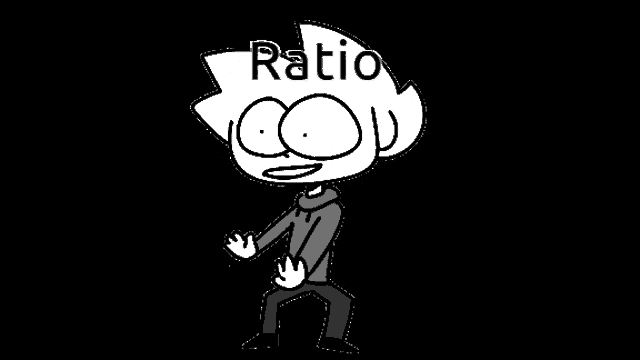 a black and white drawing of a cartoon character with the word ratio written on his head .