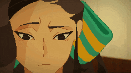 a pixel art drawing of a woman with a green and yellow striped scarf around her head