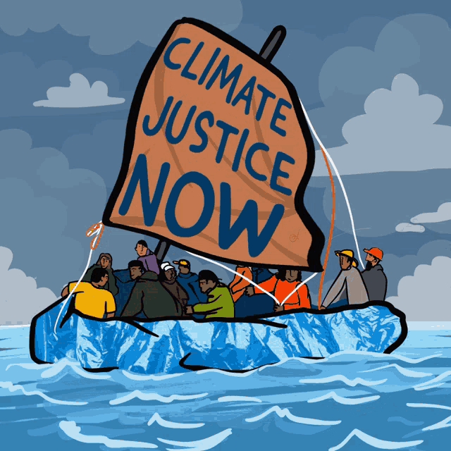 a group of people in a boat with a sign that says climate justice now on it