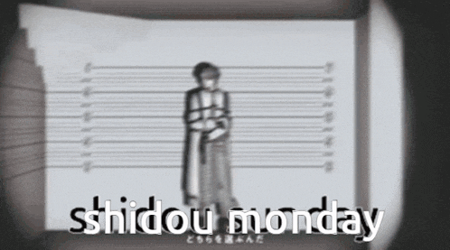 a picture of a man standing in front of a wall with the words shidou monday on it