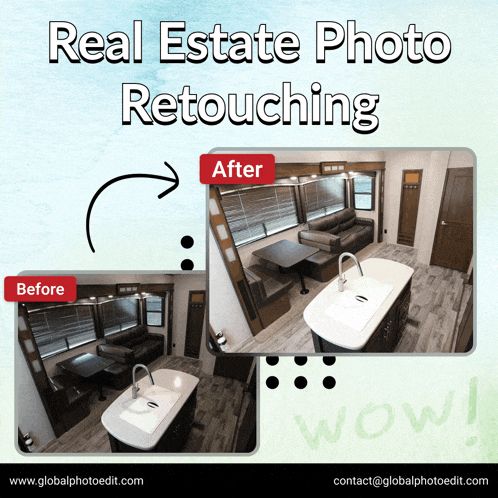 a before and after photo of a rv with the words real estate photo retouching