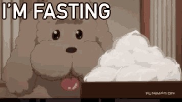 a cartoon dog is standing next to a pile of ice cream and says `` i 'm fasting '' .
