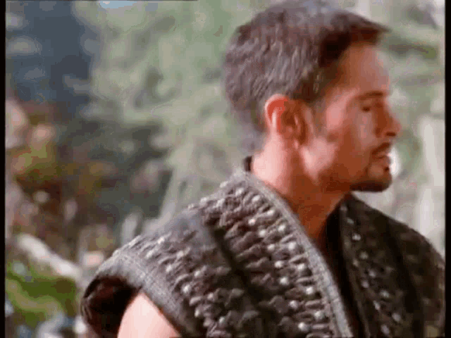 a close up of a man with a beard wearing a vest and a sleeveless shirt .
