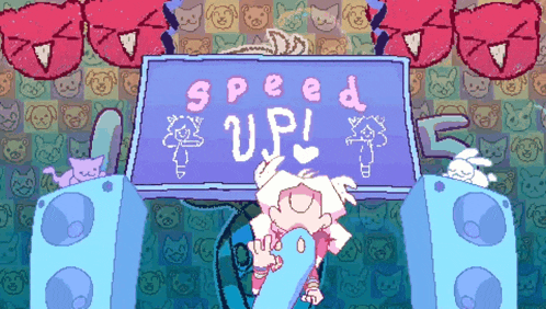 a cartoon character is standing in front of a speed up sign