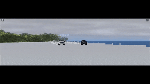a white toyota suv is driving down a road near the ocean