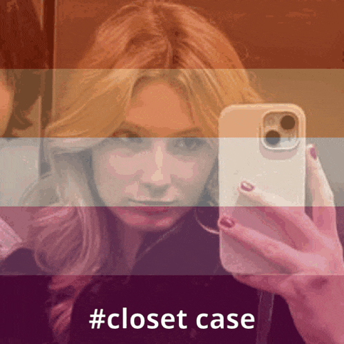 a woman is taking a picture of herself in a mirror with the words #closet case below her