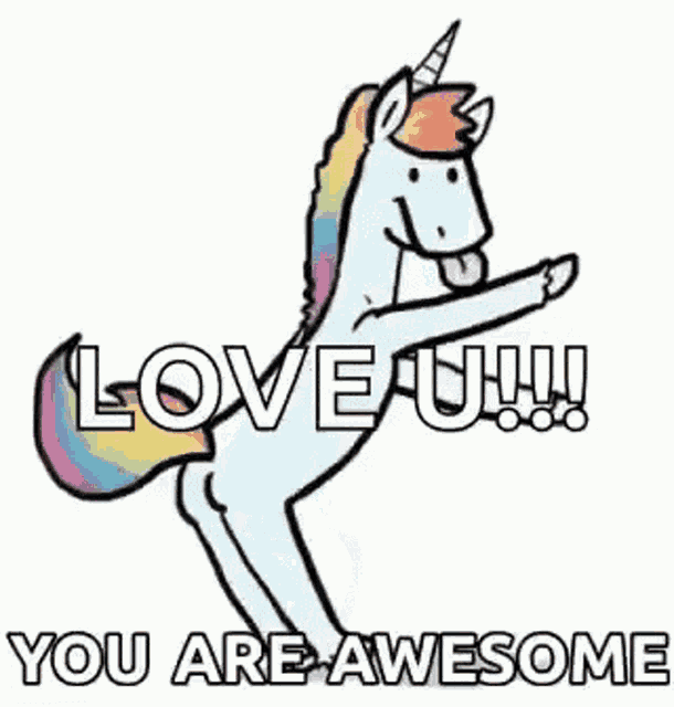a cartoon unicorn is standing on its hind legs and saying `` love u ! ``
