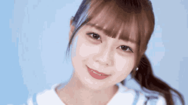 a young girl with a ponytail is smiling and looking at the camera against a blue background .