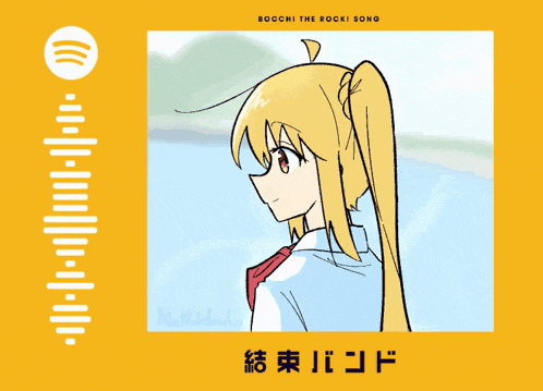 a yellow poster with a picture of a girl and the words bocchi the rock song on it