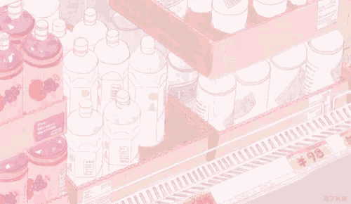 a shelf filled with lots of pink and white bottles of water and juice .