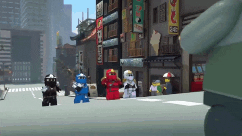 a group of lego ninjago characters standing on a street