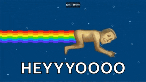 a cartoon of a man with a rainbow coming out of his butt and the words heyyoooo on the bottom