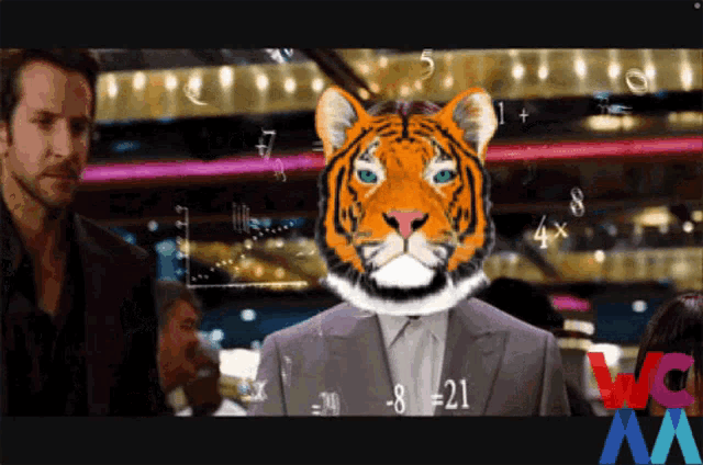 a man in a suit has a tiger 's head and a tiger 's head with numbers on it