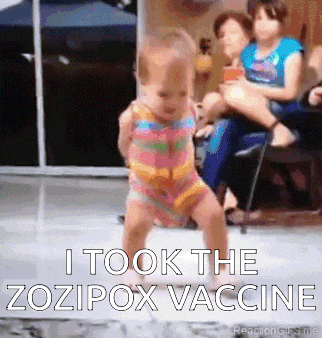 a little girl is dancing with the words i took the zozipox vaccine below her