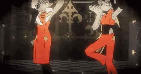 two cartoon characters are dancing in a room with a cross on the wall