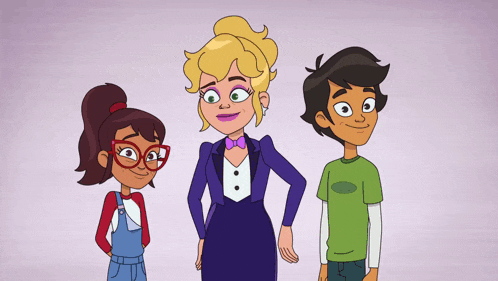 three cartoon characters standing next to each other with one wearing a green shirt