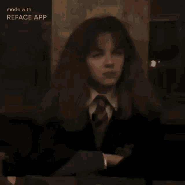hermione granger from harry potter is sitting at a table in a dark room wearing a suit and tie .