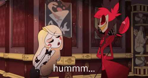 a cartoon character says hummm while standing next to a girl