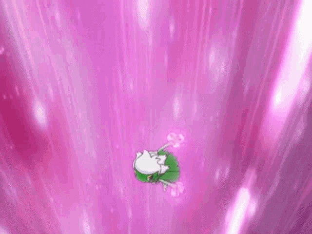 a green and white pokemon is flying through a pink light .