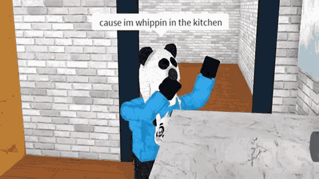 a panda bear wearing a blue sweater is standing in a kitchen