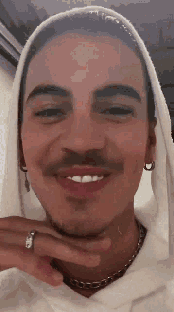 a close up of a man 's face with a hood on