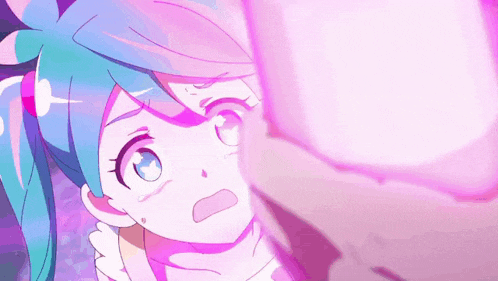 a girl with blue hair and blue eyes is standing in front of a pink light .