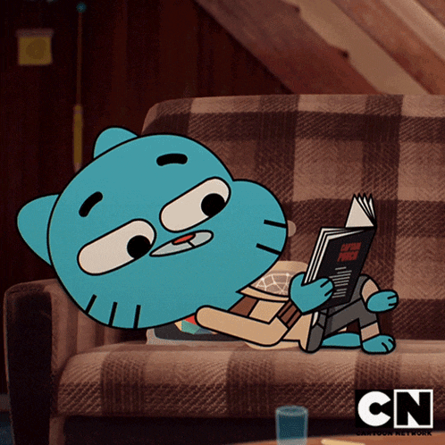 gumball from the amazing world of gumball is reading a book on a couch