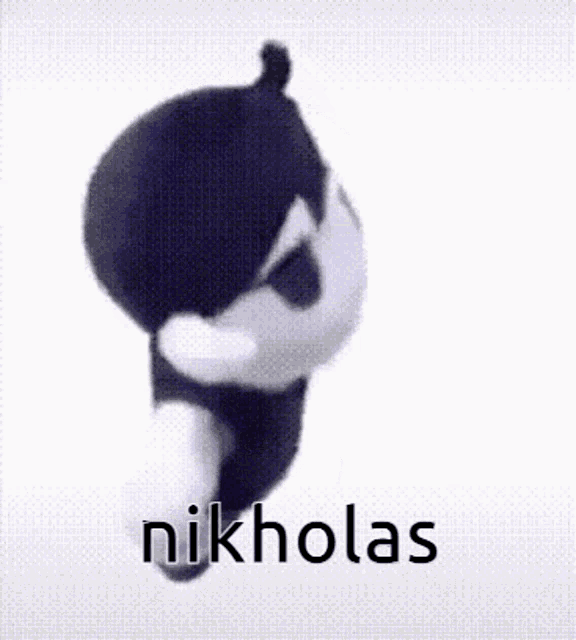 a stuffed animal is standing in front of a white background with the word nikolas written on it .