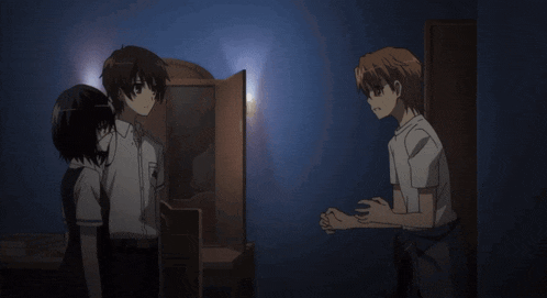 a group of anime characters standing in a dark room
