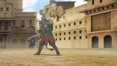 a cartoon of a man holding a large axe in front of a building