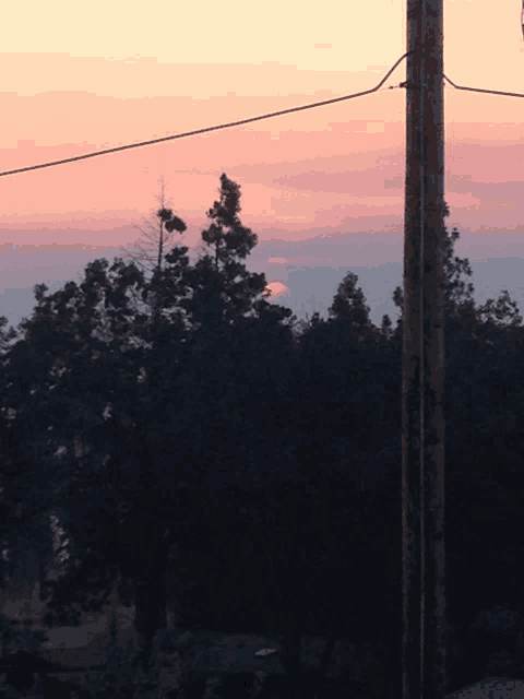 a sunset with trees in the foreground and a power pole in the foreground