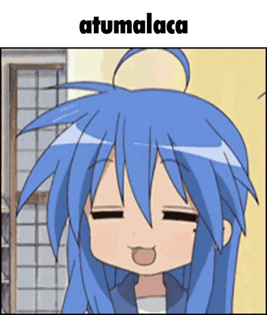 a picture of a girl with blue hair and the words " atumalaca " on the bottom