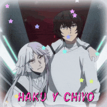 a picture of a man and a woman with haku y chiyo in pink letters