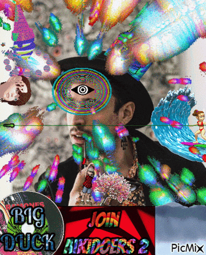 a man with a third eye is surrounded by balloons and a sign that says join big dick bridgers 2